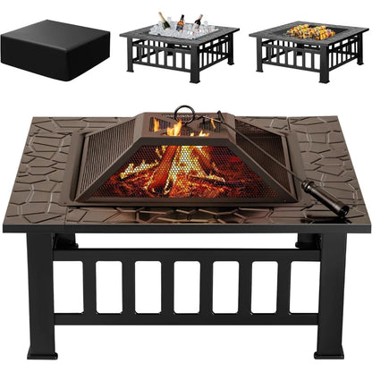 Firepit Table Metal Outdoor Fireplaces with Waterproof Cover