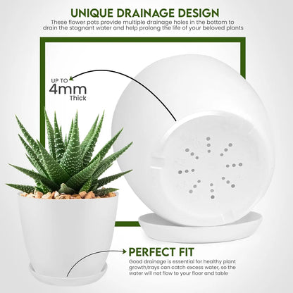 5 Pack White Plastic Plant Pots with Drainage