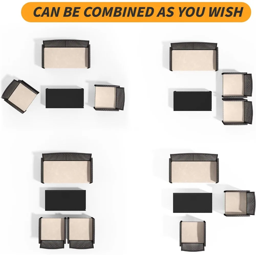 4-piece wicker conversation set with 2 rattan chairs 1 loveseat 1 coffee table removable seat cushion