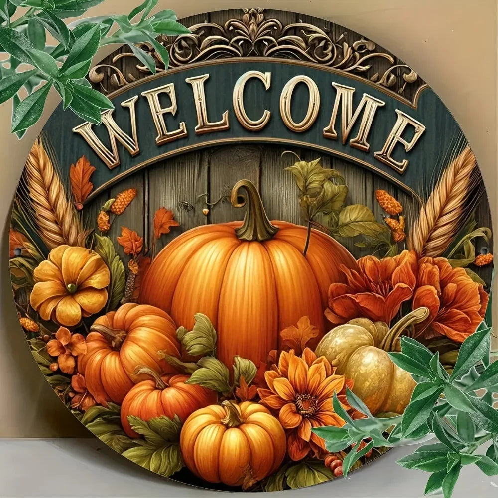 8" Round Metal Fall Harvest Sign