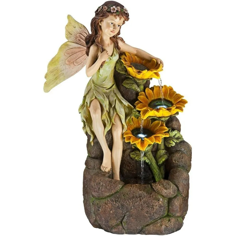 Garden Fairy with Sunflowers Faux Stone Floor Fountain with Light