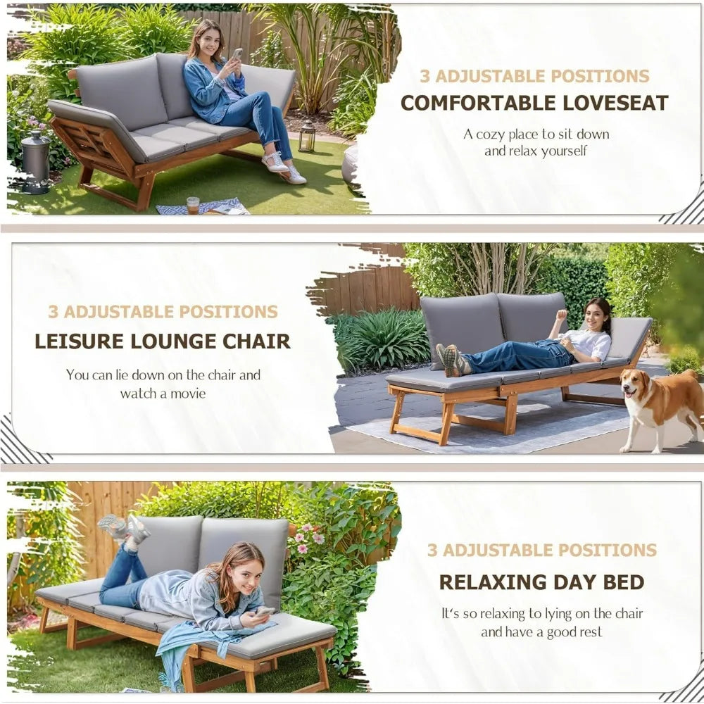 Acacia Wood Patio Couch with Adjustable Armrests