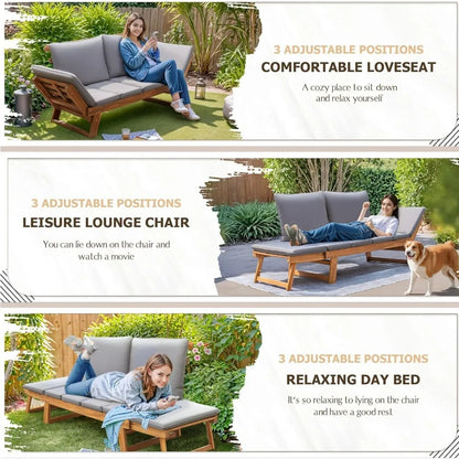 Acacia Wood Patio Couch with Adjustable Armrests