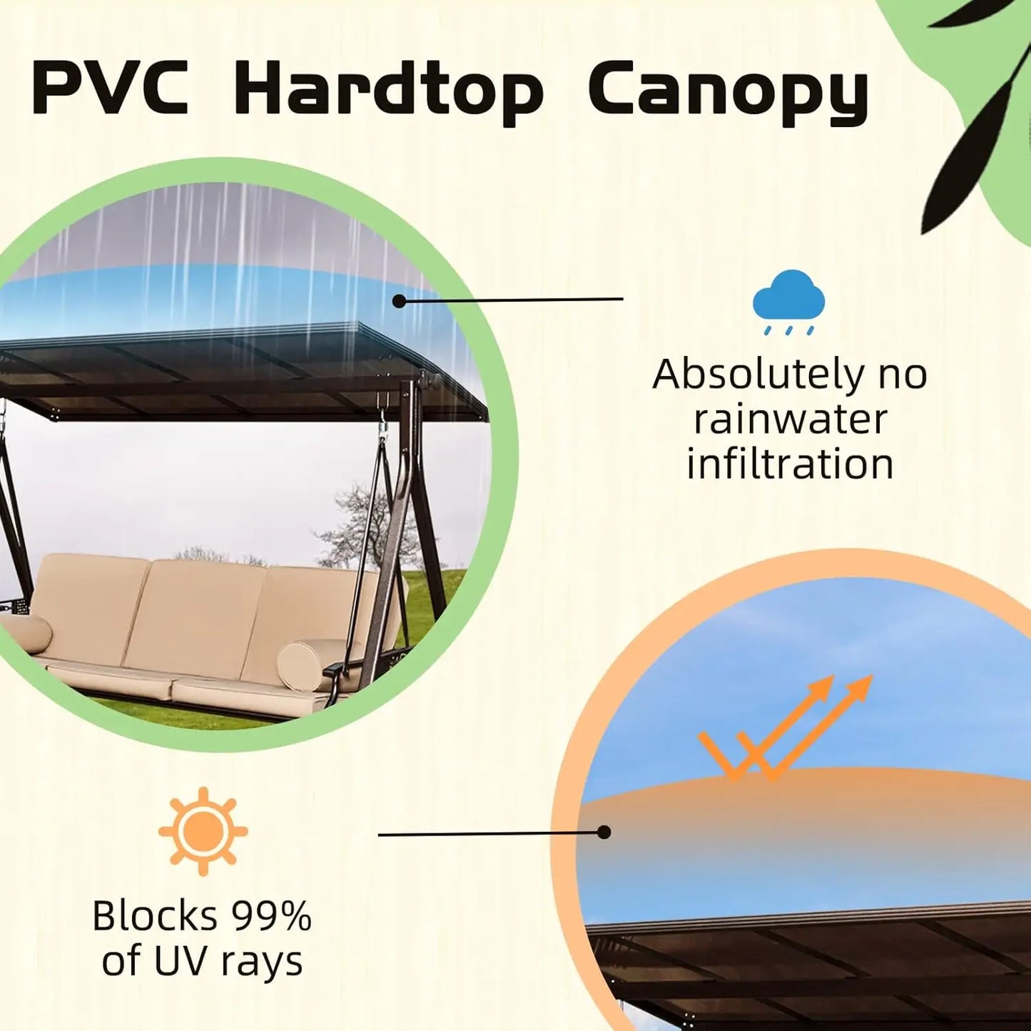 3 Seat Patio Swing with 2 Side Cup Holder, Cushion, and 2 Pillows