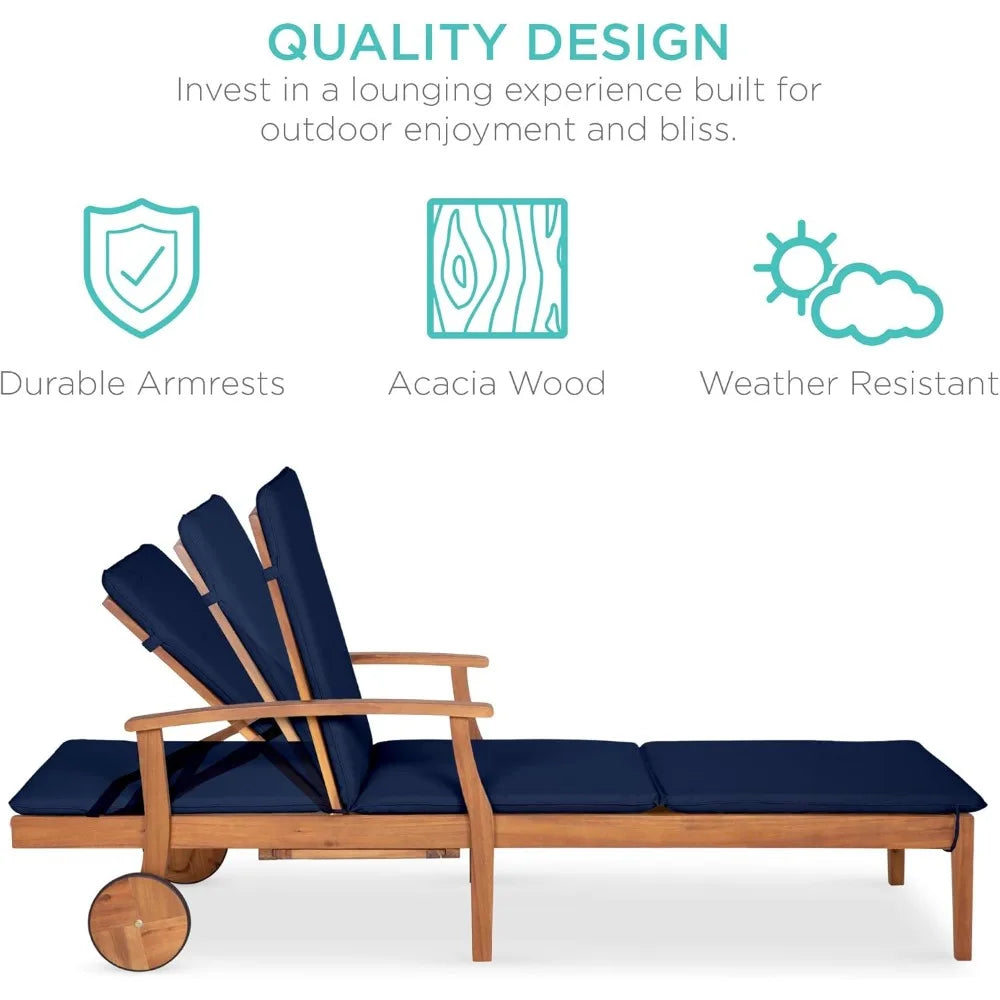 Acacia Wood Chaise Lounge w/Slide-Out Side Table and Cushion