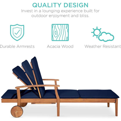 Acacia Wood Chaise Lounge w/Slide-Out Side Table and Cushion