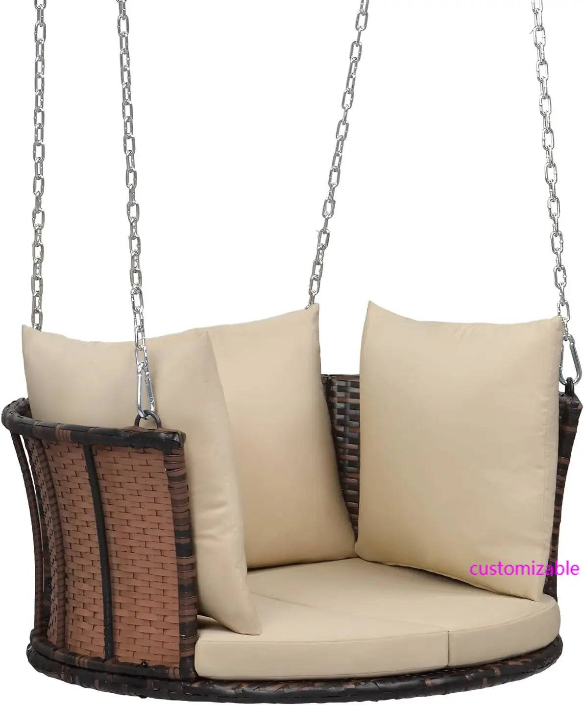 2.4 FT 1-Person Use Round Rattan Porch Swing with Cushions & Adjustable Chains