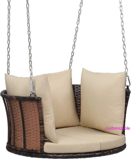 2.4 FT 1-Person Use Round Rattan Porch Swing with Cushions & Adjustable Chains
