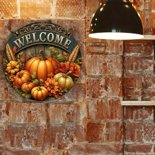 8" Round Metal Fall Harvest Sign