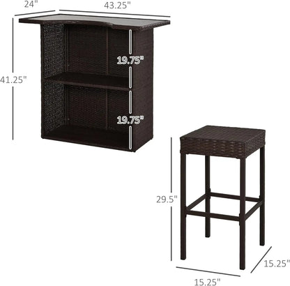 5 Pcs Rattan Wicker Bar Set with Glass Tabletop 2 Tier Storage Shelf