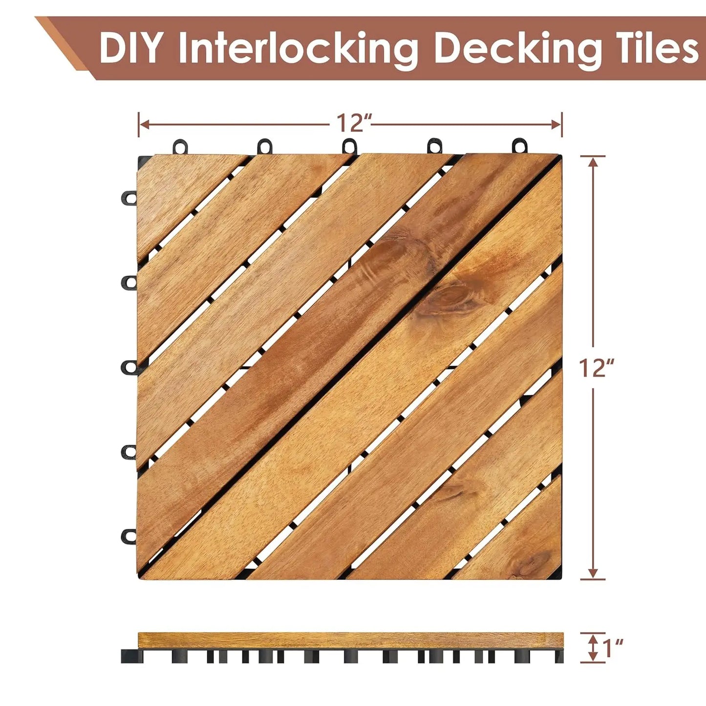 12" x 12" Solid Acacia Wood Interlocking Patio Deck Tiles