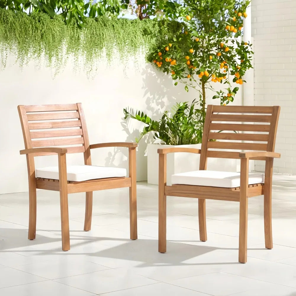 Stackable Outdoor Acacia Wooden Chairs w/Armrest & Removeable Fabric Cushion Set of 4,