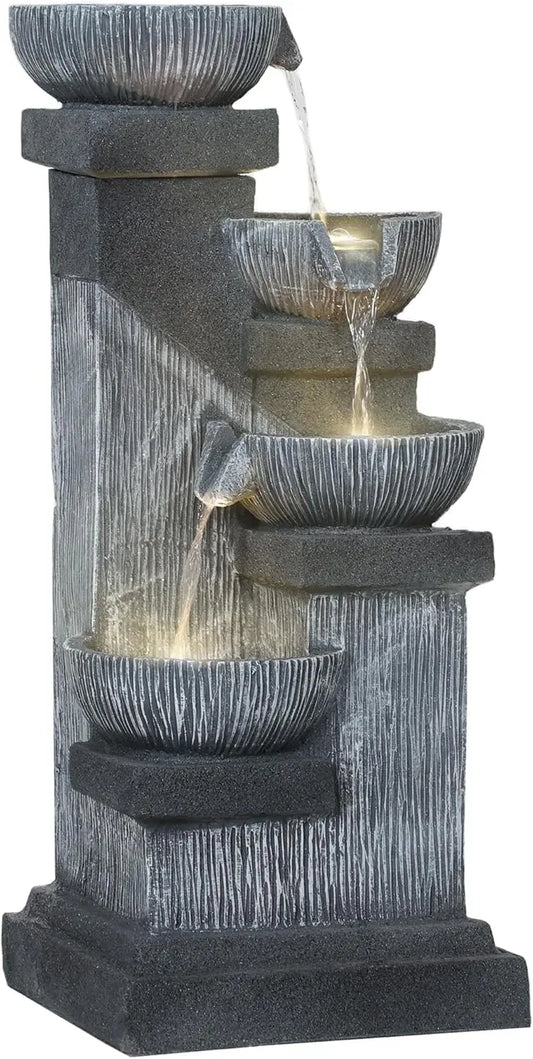33.5" Tall, 4-Tier Floor Standing Resin Cascading Bowls Waterfall Fountain with LED Lights