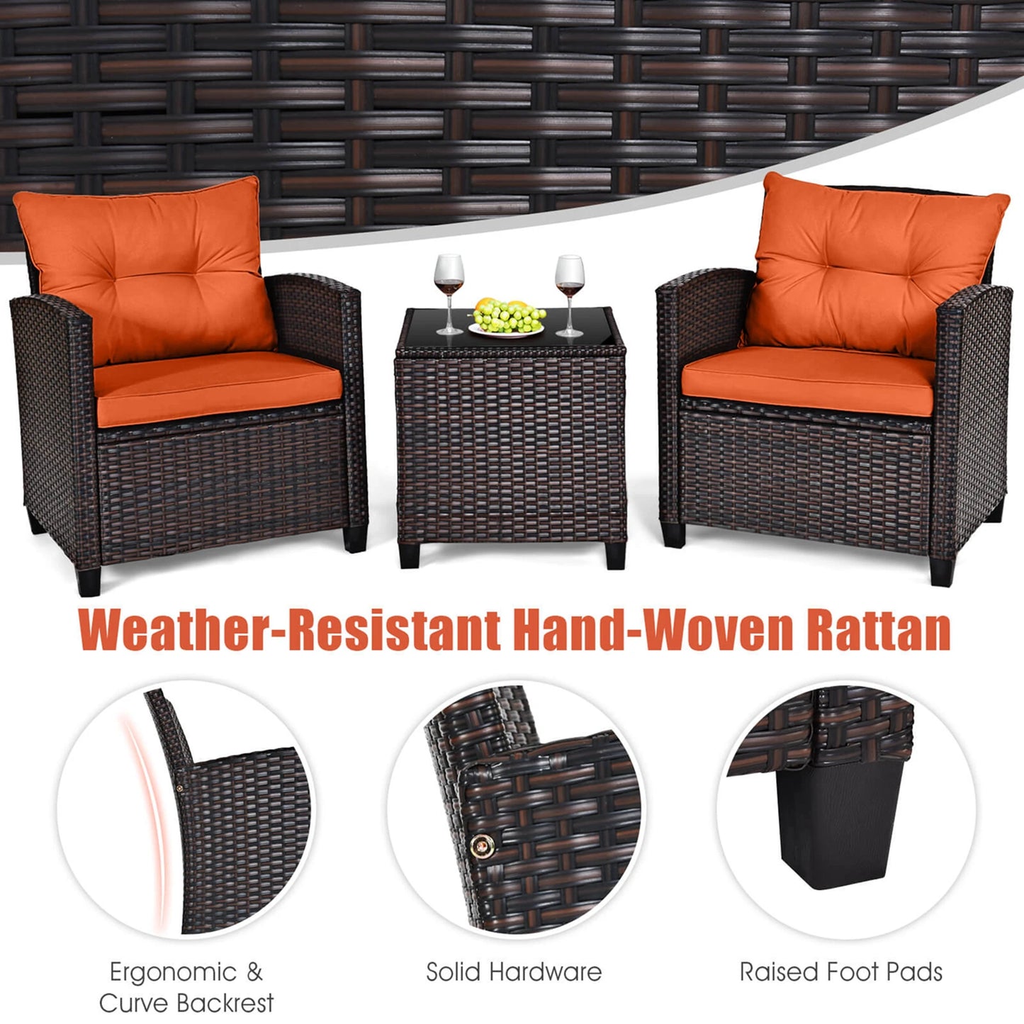3 PCS Patio Rattan Furniture Set with Cushions