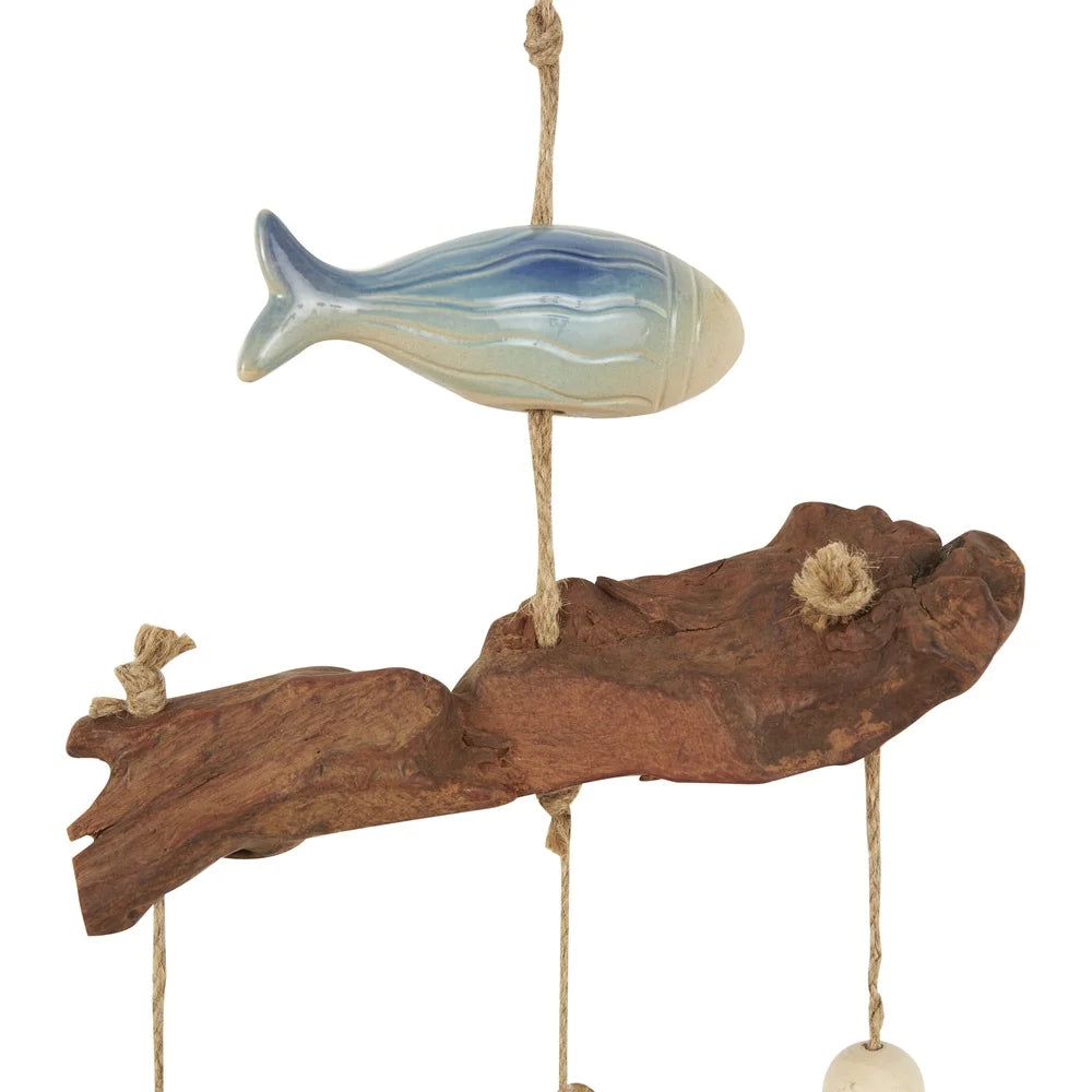 40 Inch Ceramic Fish Windchime with Driftwood and Wooden Beads