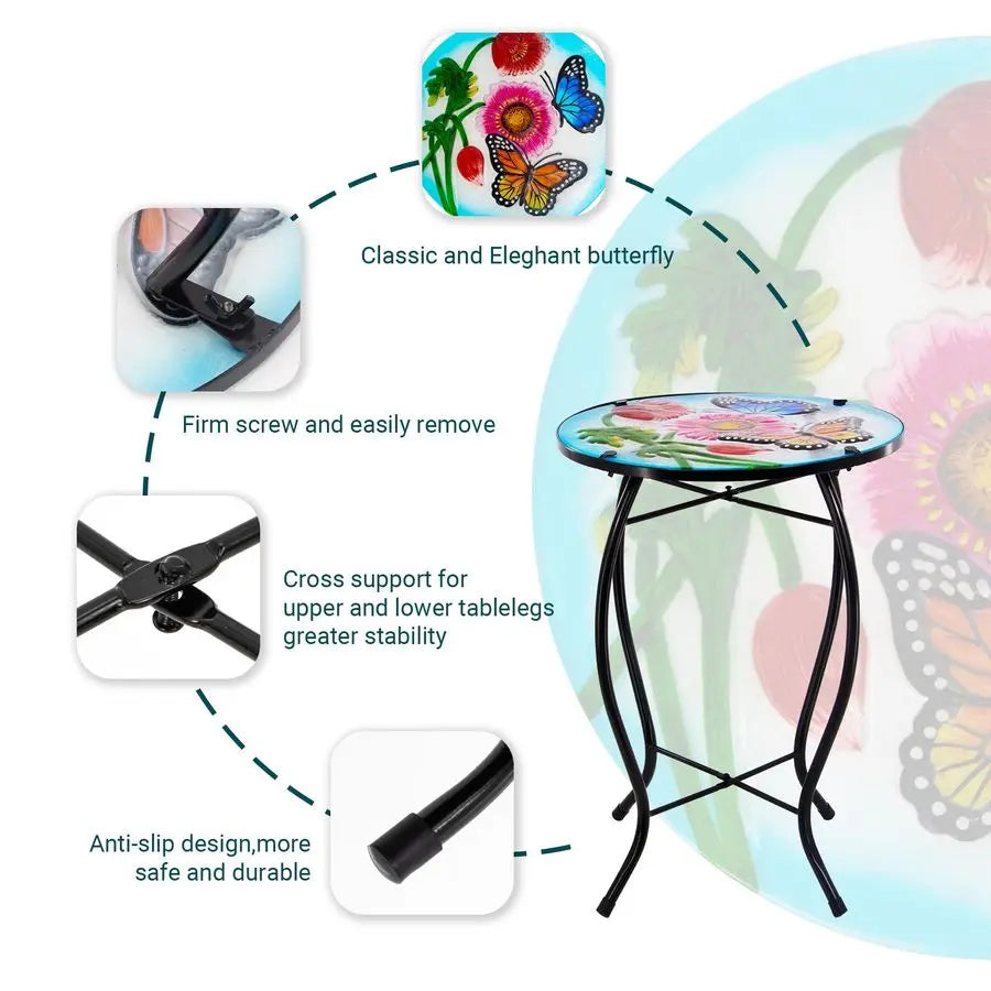 12 Inch Round Butterfly Glass Top Side Table