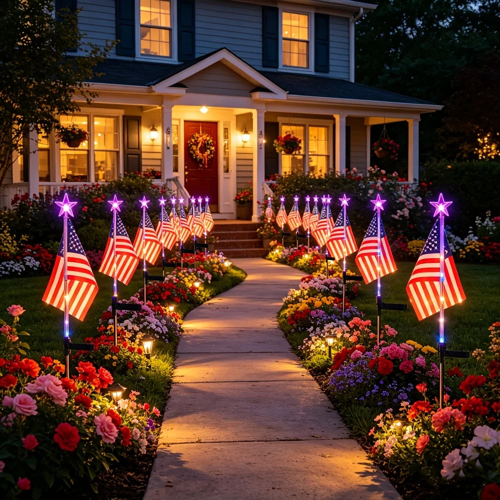 2/4 Pack American Flag Stake Light or Red White Blue Solar String Lights