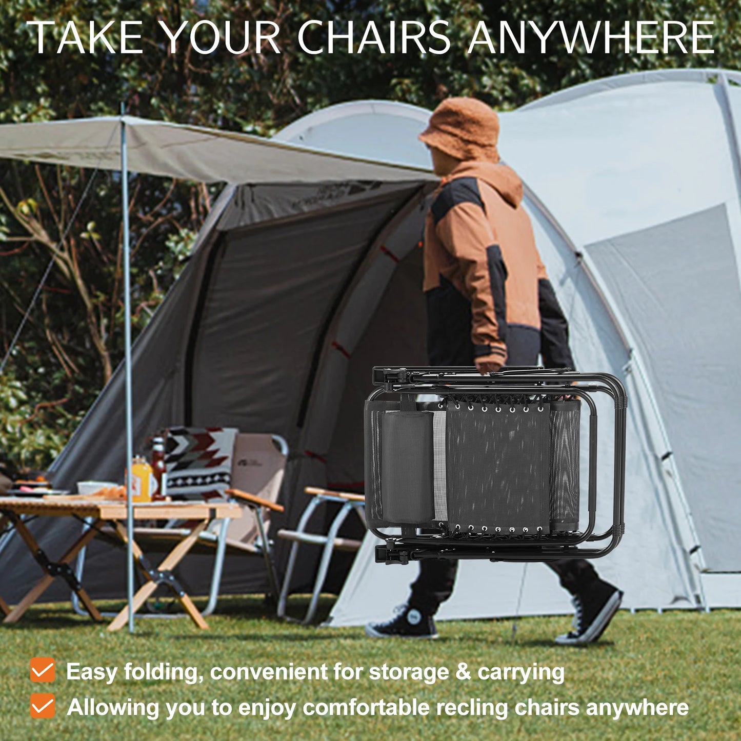 Set of 2 Zero Gravity Portable Lounge Chair with Cup Holder Trays Adjustable Pillow
