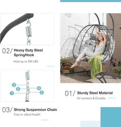 2 Person Double Egg Swing Chair with Stand Indoor Outdoor