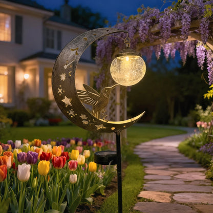 Solar-powered moon-shaped with hummingbird and glass ball yard decor