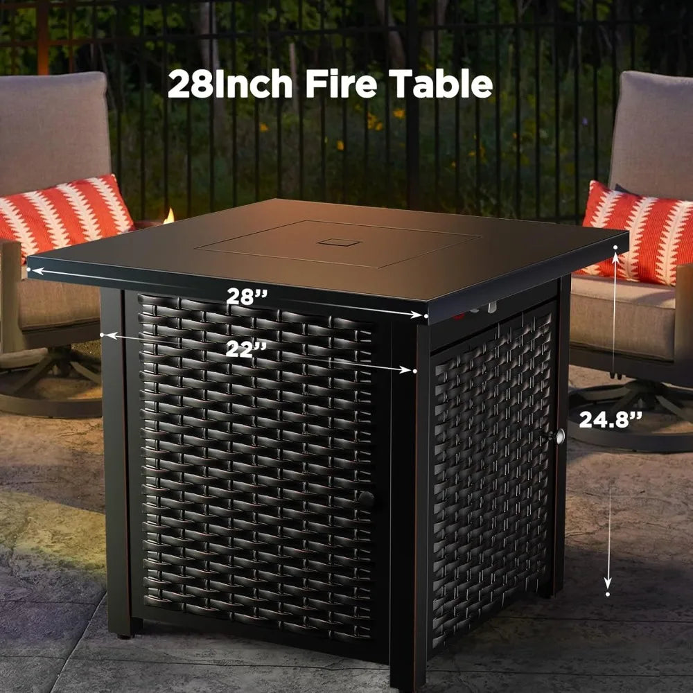 28 Inch Propane Fire Pit Table with Steel Construction, Lid, Lava Rocks, and Warmth