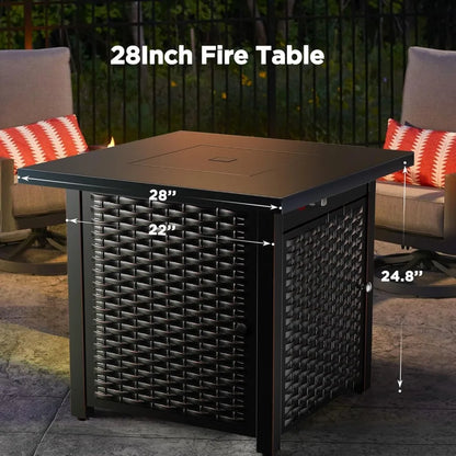 28 Inch Propane Fire Pit Table with Steel Construction, Lid, Lava Rocks, and Warmth