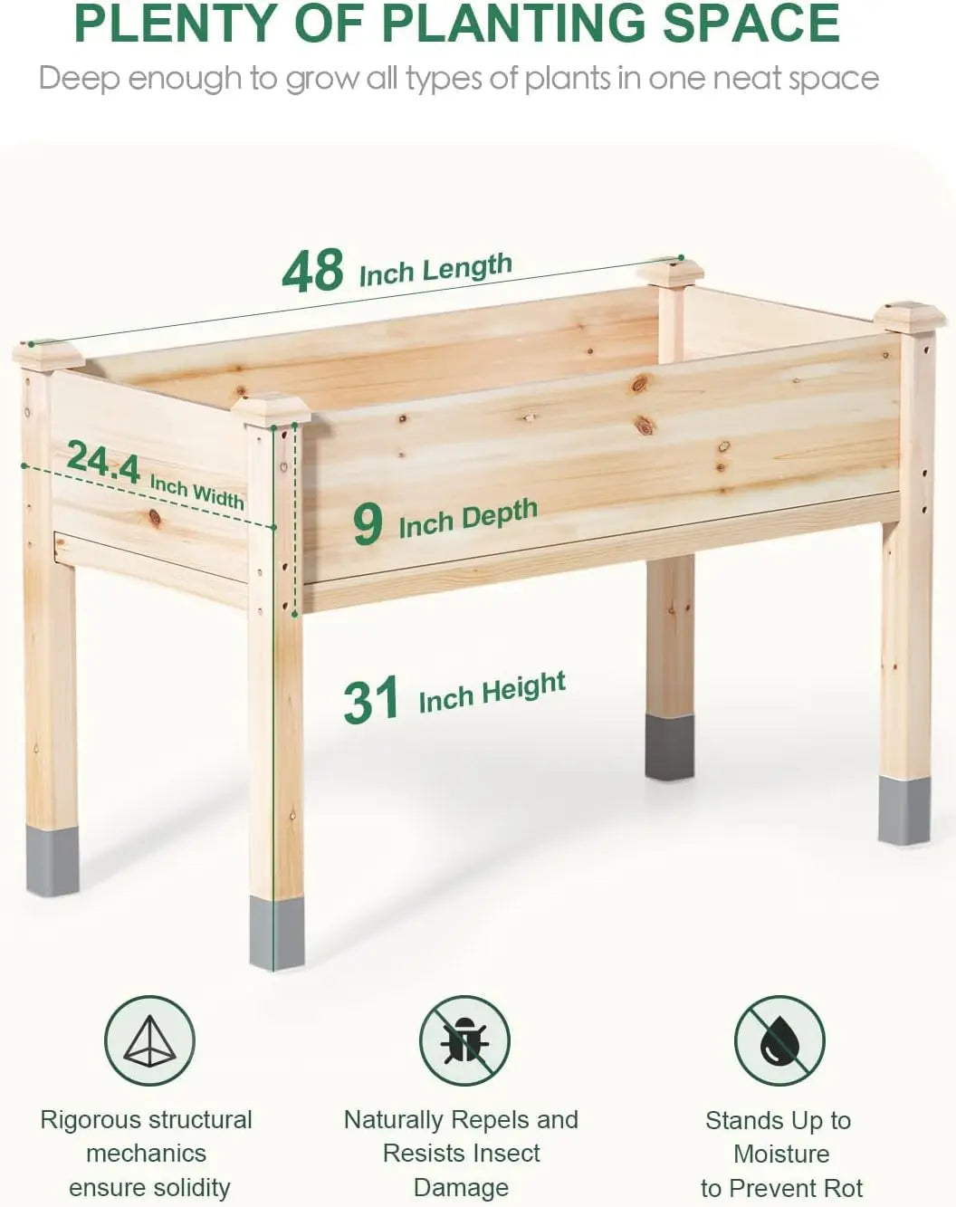 Elevated Wooden Garden Bed with Legs, 48"L x 24"W