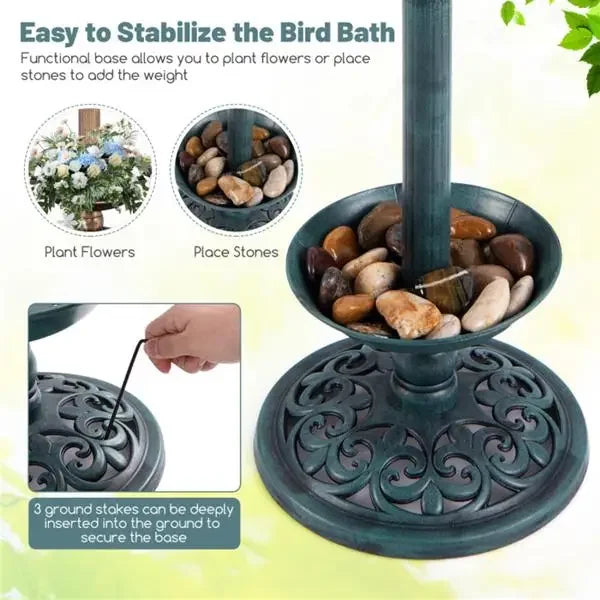 Green Standing Pedestal Birdbath and Feeder Combo with Solar Powered Lamp