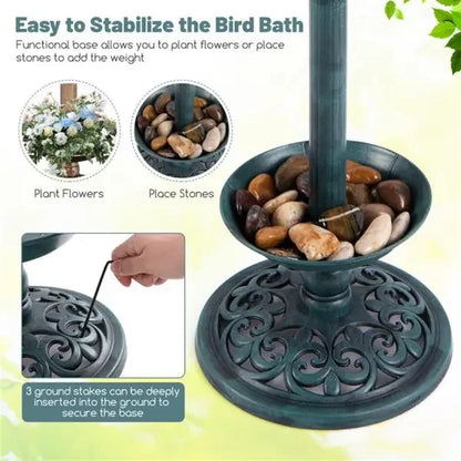 Green Standing Pedestal Birdbath and Feeder Combo with Solar Powered Lamp
