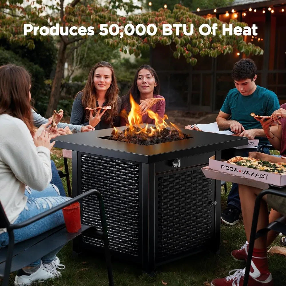 28 Inch Propane Fire Pit Table with Steel Construction, Lid, Lava Rocks, and Warmth
