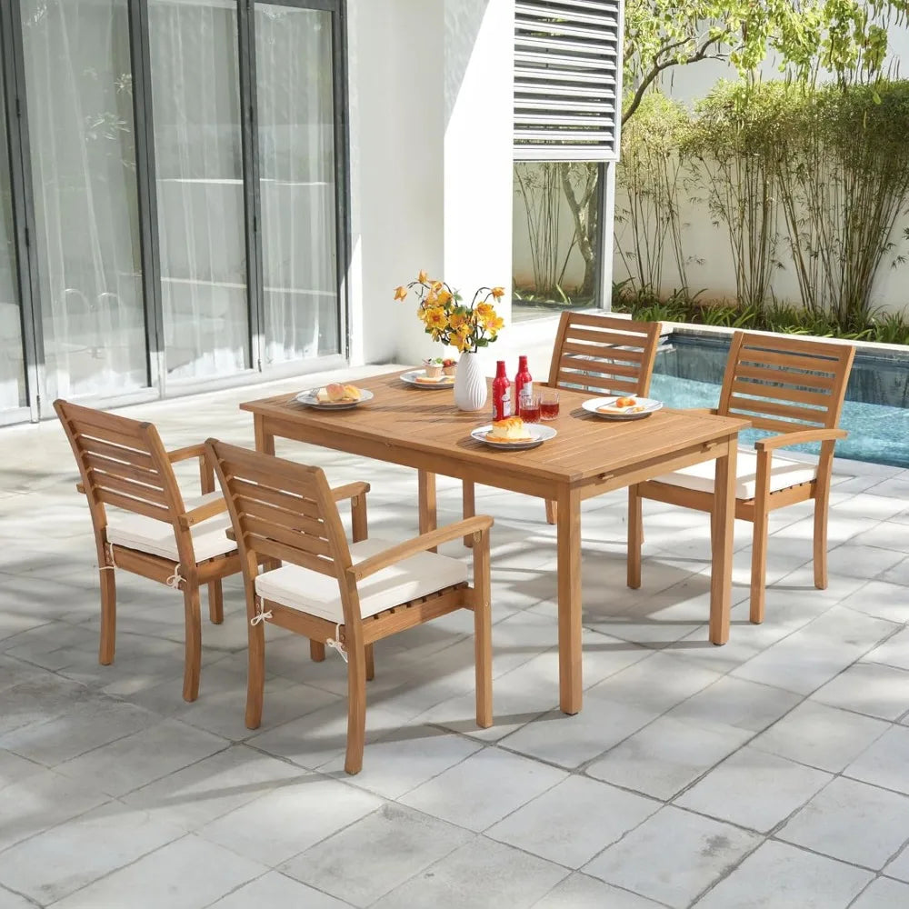 Stackable Outdoor Acacia Wooden Chairs w/Armrest & Removeable Fabric Cushion Set of 4,