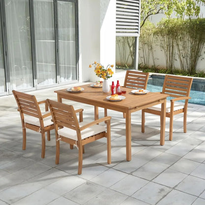 Stackable Outdoor Acacia Wooden Chairs w/Armrest & Removeable Fabric Cushion Set of 4,