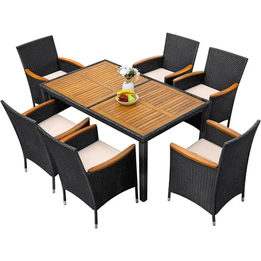 7 Piece Outdoor Patio Dining Set, 1 Table and 6 Rattan Chairs, Curved Acacia Wood Armrests and Cushions