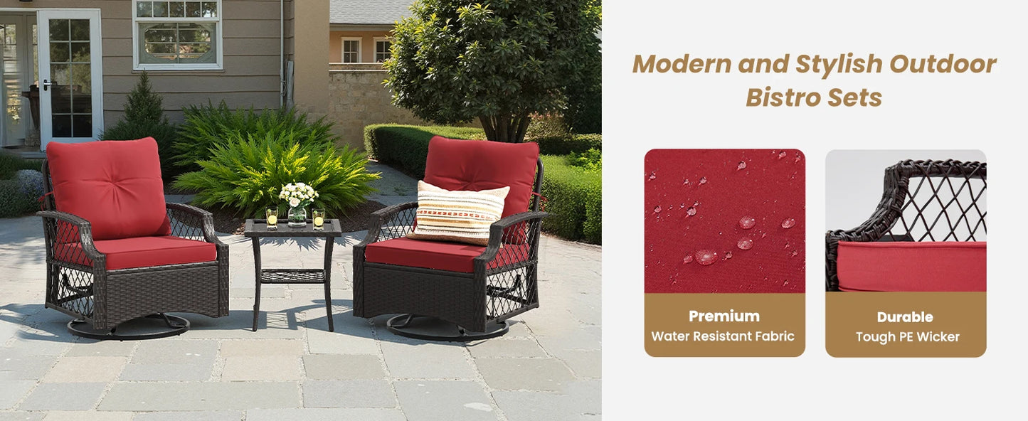 3-Piece Swivel Patio Bistro Set with Cushions & Table