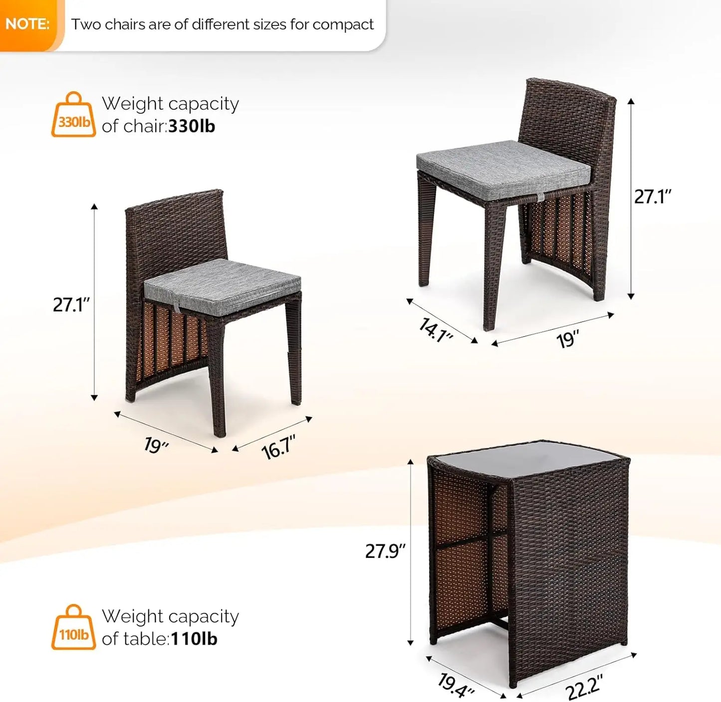 3 PCS Wicker Outdoor Patio Bistro Set for Small Space with Glass Top Table