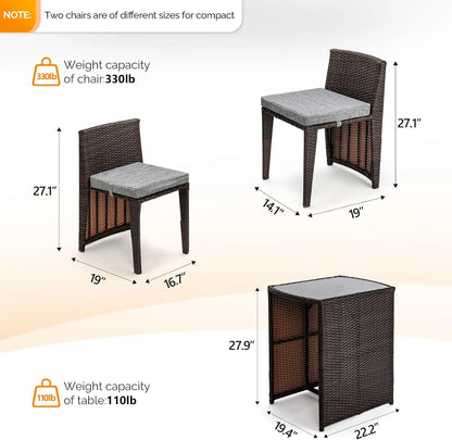3 PCS Wicker Outdoor Patio Bistro Set for Small Space with Glass Top Table