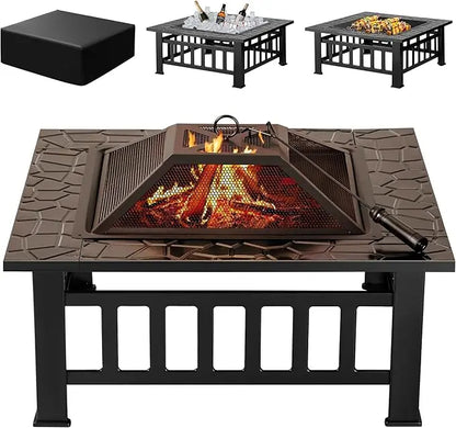 Firepit Table Metal Outdoor Fireplaces with Waterproof Cover