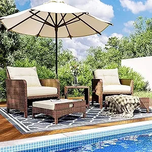 5 Pieces Wicker Outdoor Patio Chairs Set with Coffee Table and Ottomans