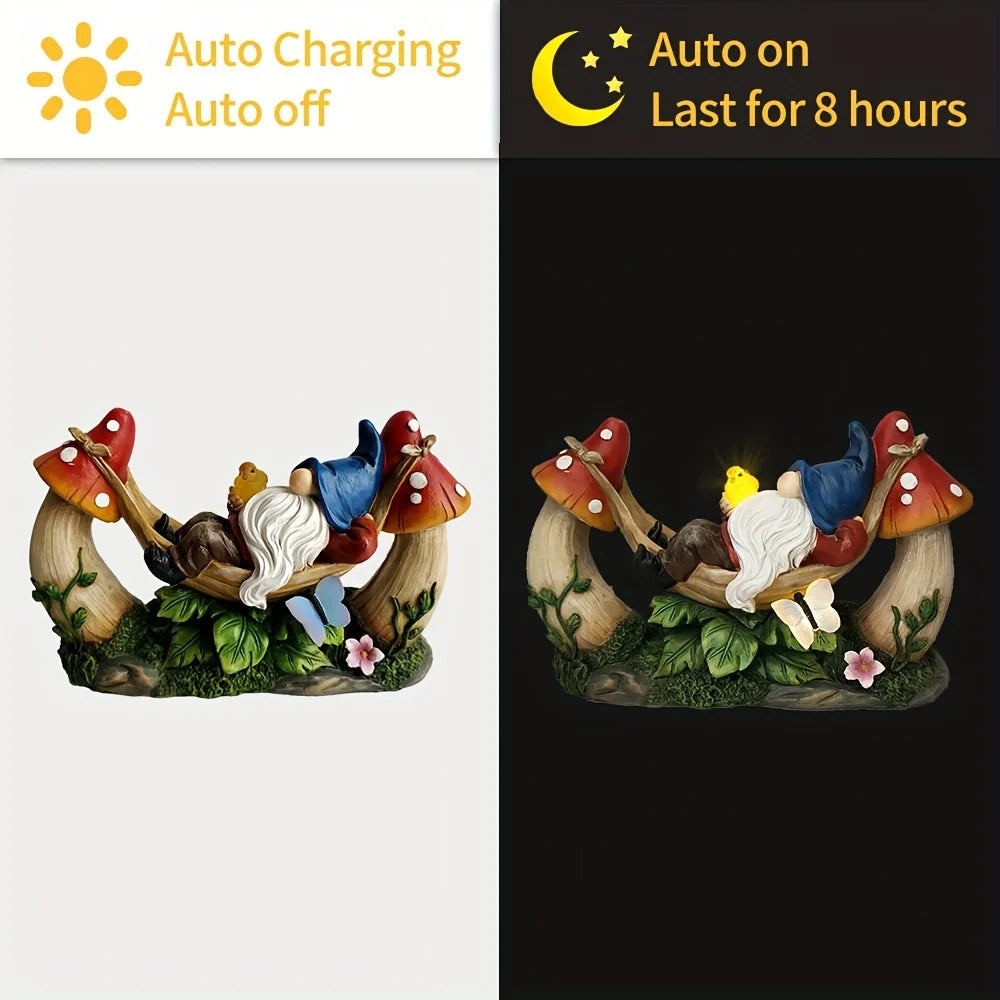 Solar Gnome Figurine Lying on Hammock with Bird and Mushroom