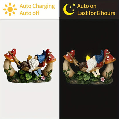 Solar Gnome Figurine Lying on Hammock with Bird and Mushroom