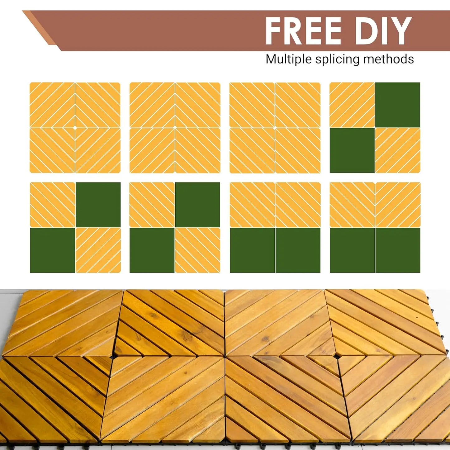 12" x 12" Solid Acacia Wood Interlocking Patio Deck Tiles