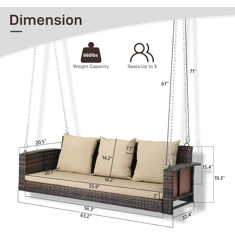 "3-Person Wicker Porch Swing with Cushion and Pillows