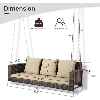 "3-Person Wicker Porch Swing with Cushion and Pillows