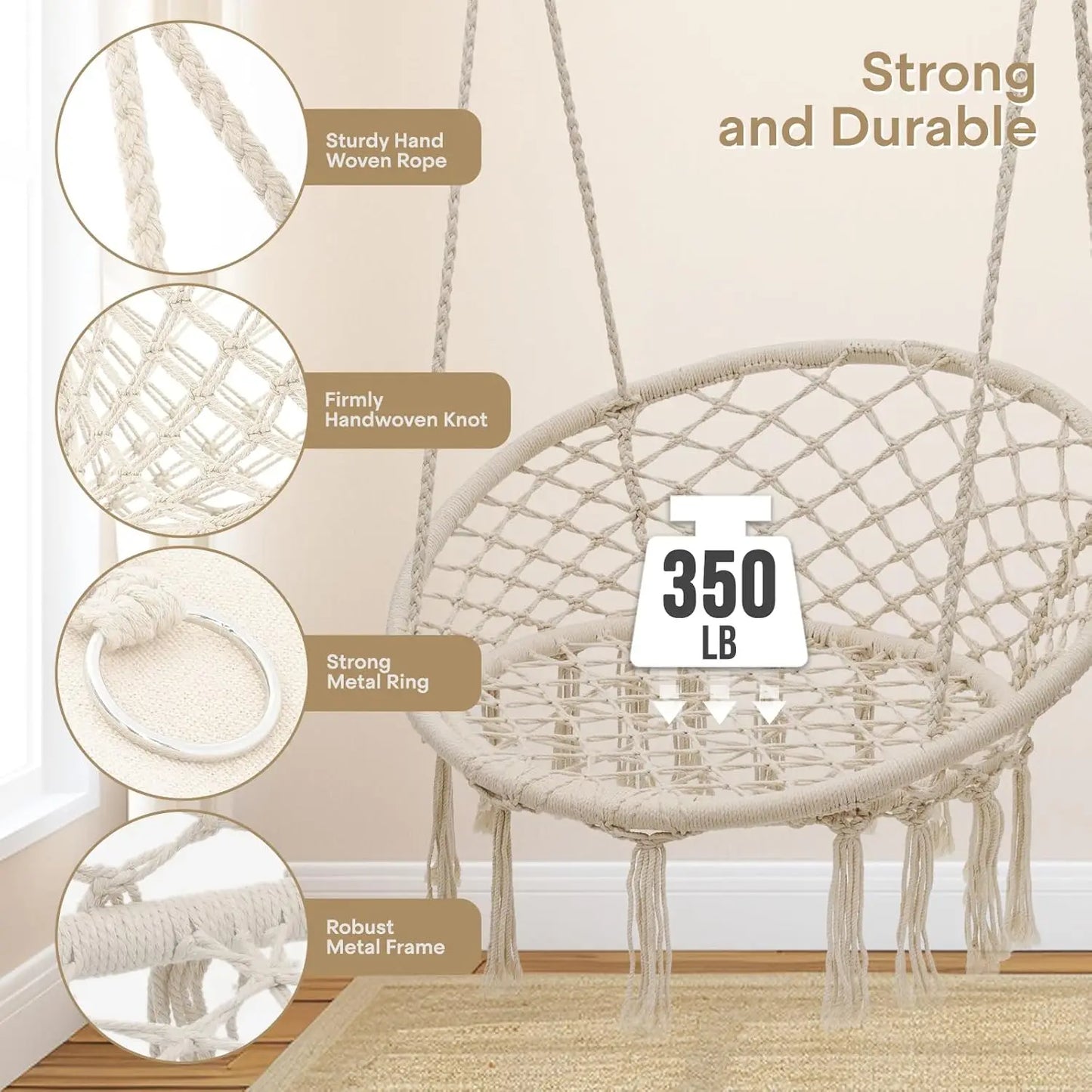 Hanging Swing Chair with Large Thick Cushions