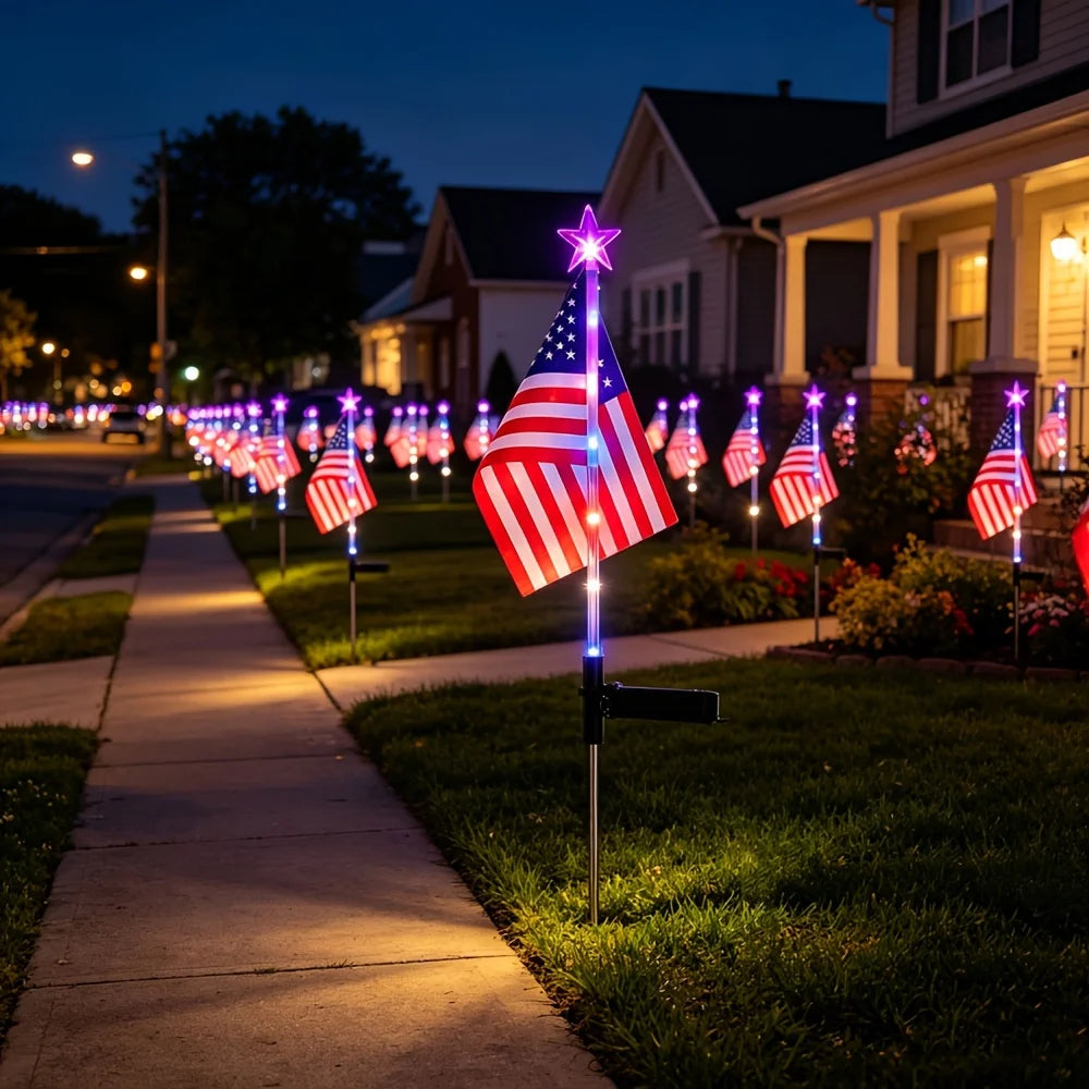 2/4 Pack American Flag Stake Light or Red White Blue Solar String Lights