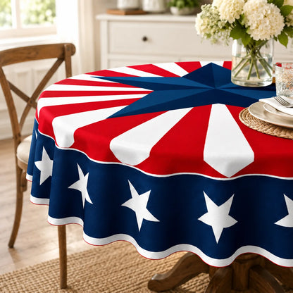 Round Patriotic Tablecloth Red White Blue Star Stripes Print