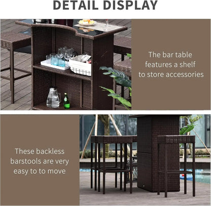 5 Pcs Rattan Wicker Bar Set with Glass Tabletop 2 Tier Storage Shelf
