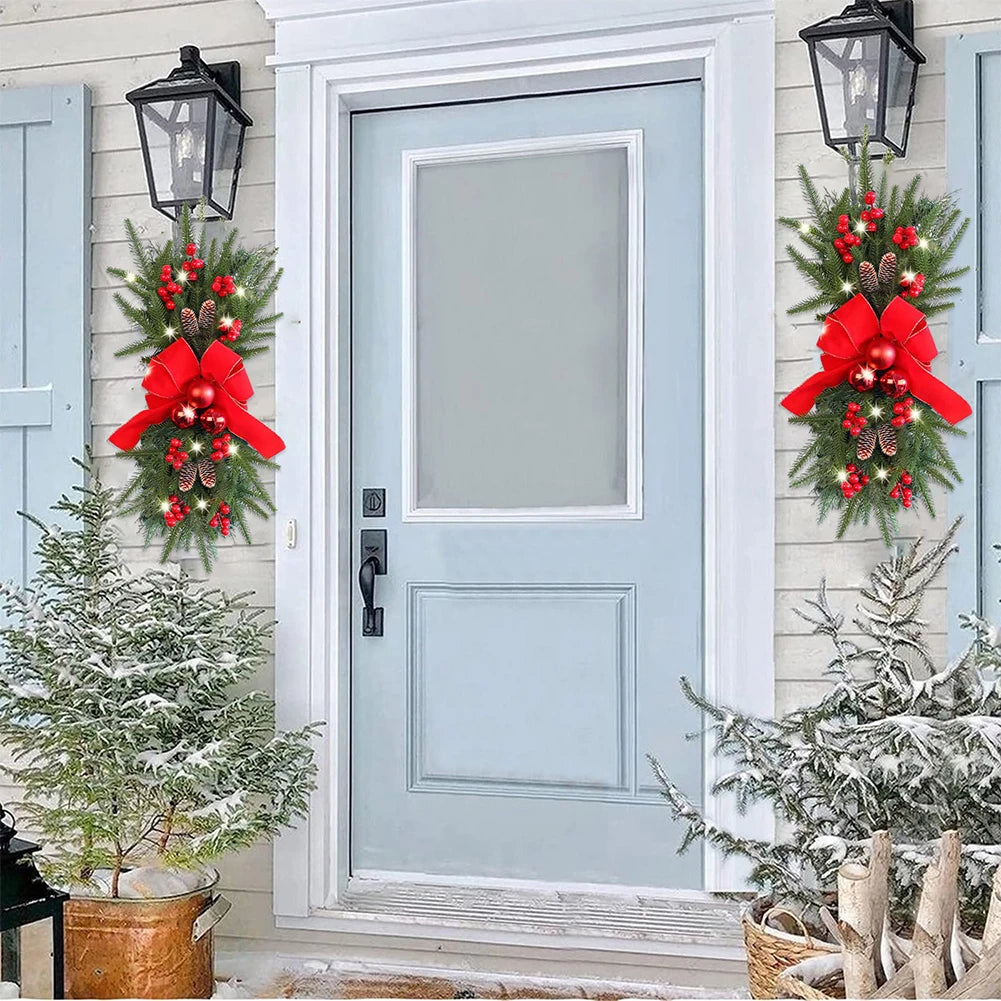 Artificial Prelit Stairway Trim with Pinecones&Bowknot Bells Christmas Decor Wreath for Stair Front Door Decoration