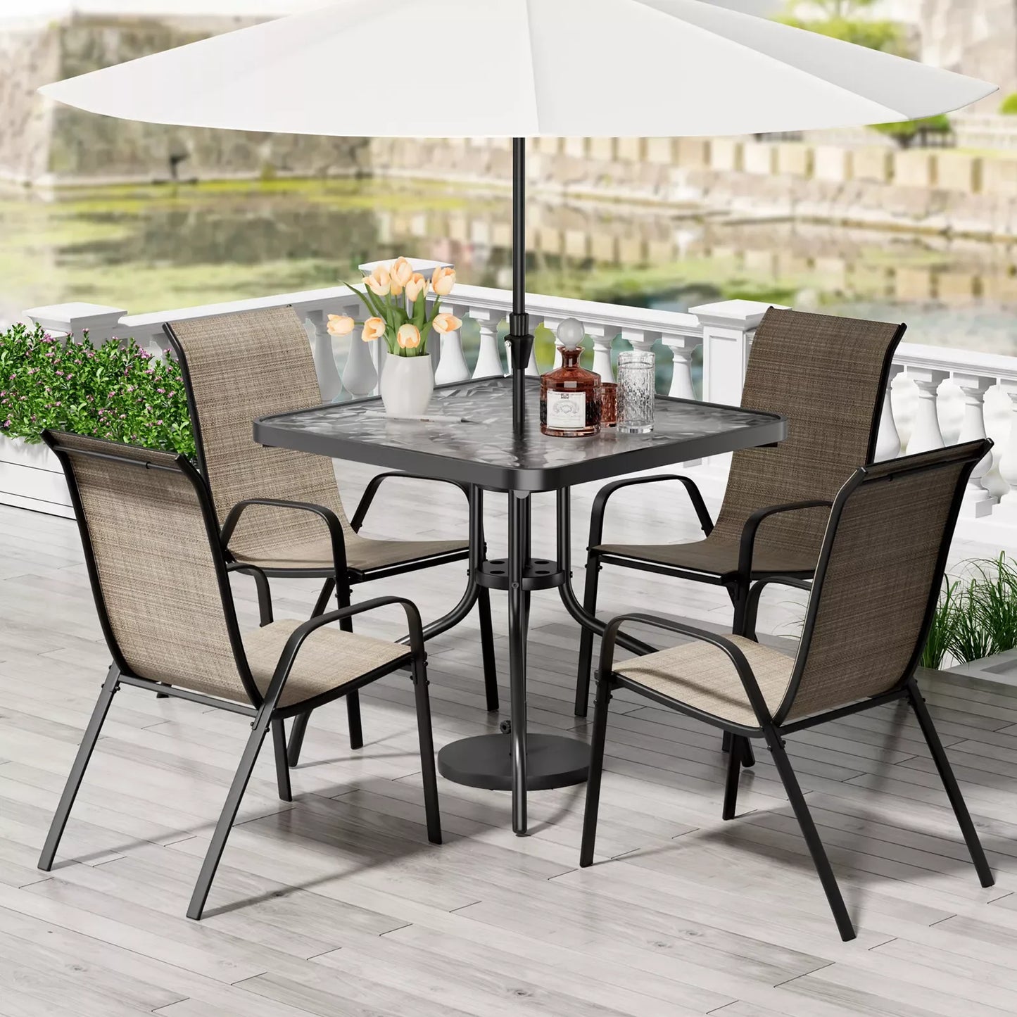 5 Pieces, All Weather Outdoor Patio Dining Set W/ 30"x30" Table and 4 Stackable Chairs