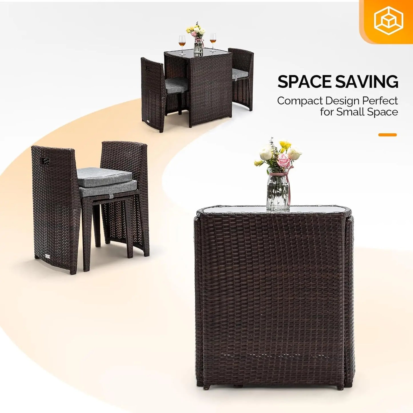 3 PCS Wicker Outdoor Patio Bistro Set for Small Space with Glass Top Table